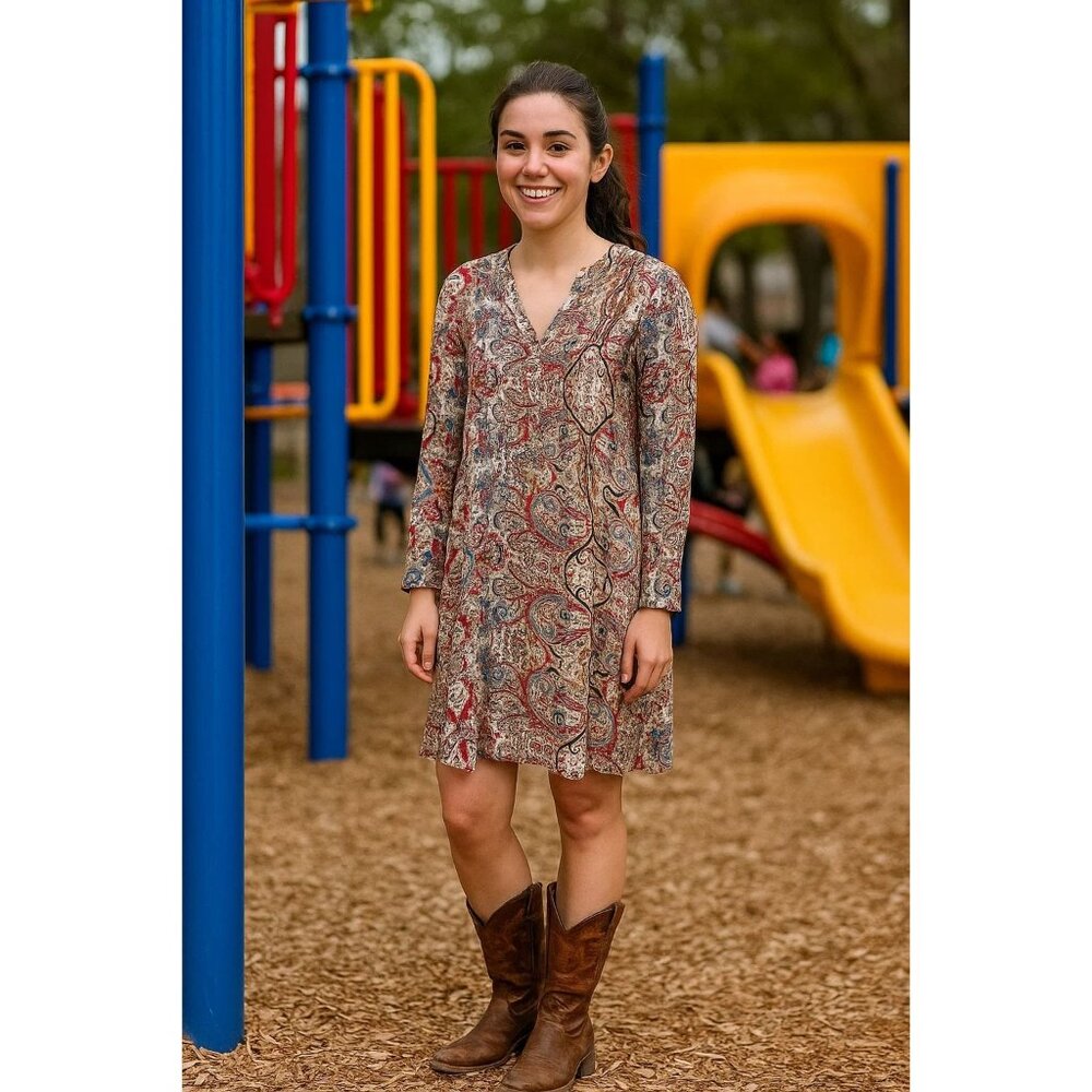 Philosophy Paisley Print V-Neck Shirt Dress S Lightweight Long Sleeve Casual